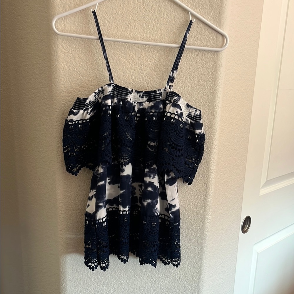 Navy and White Off-Shoulder Lace Trim Top